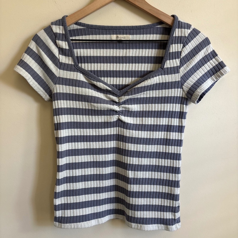 Madewell Blue White Striped Ribbed Ruched Sweetheart Neck Tee Small